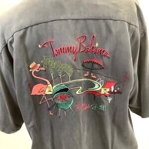 Tommy Bahama Camp Shirt Mens Large Dk Gray Silk Flamingo If Looks Could Grill